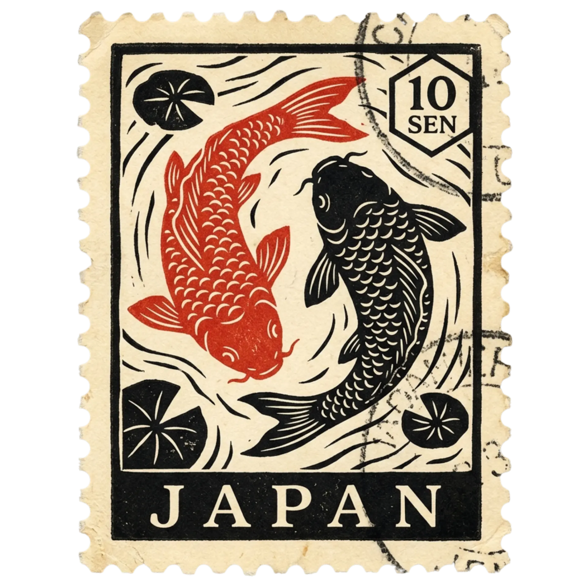 Vintage Japanese postage stamp of two koi