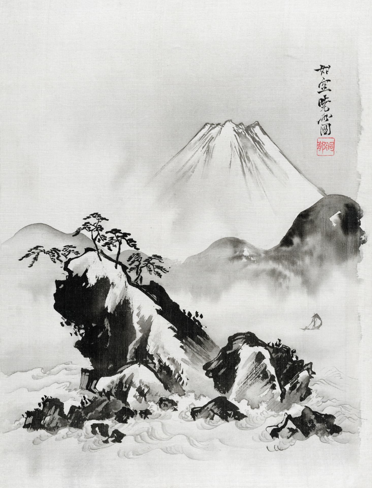 Sumi-e ink painting of Mount Fuji above mist and pine