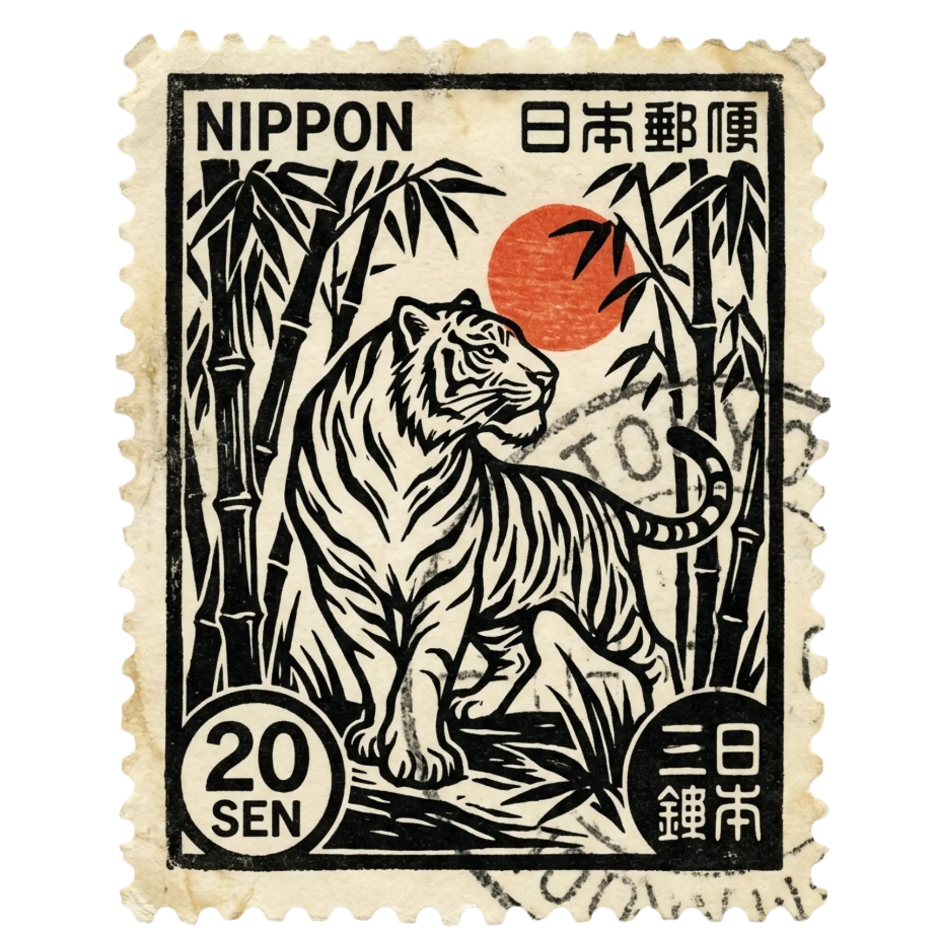 Vintage Japanese postage stamp of a tiger in bamboo